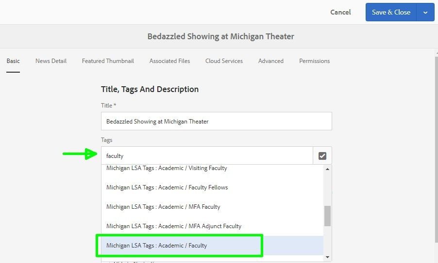 screenshot of tag selection in page properties