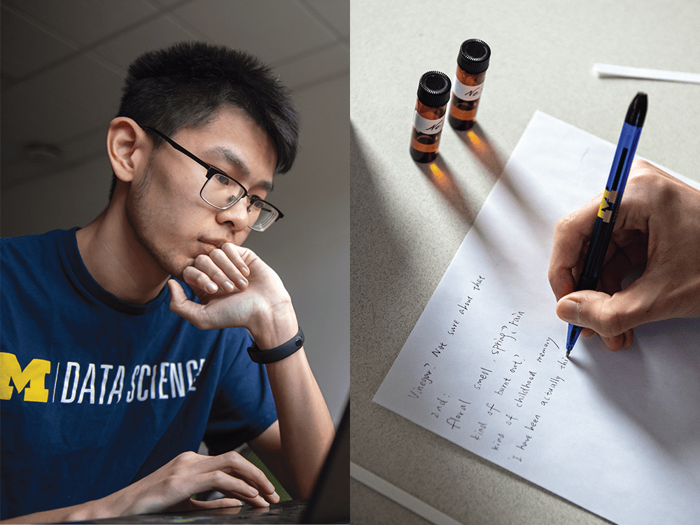 In side-by-side photos, student Yikun Han, in a Block M T-shirt that reads “Data Science,” looks at a laptop screen with his chin resting on his fist; and an overhead view shows student Yikun Han as he writes his perceptions of a scent on a white piece of paper. A thin, white smelling strip is to the right of his hand, and above the paper are two small, brown scent bottles.