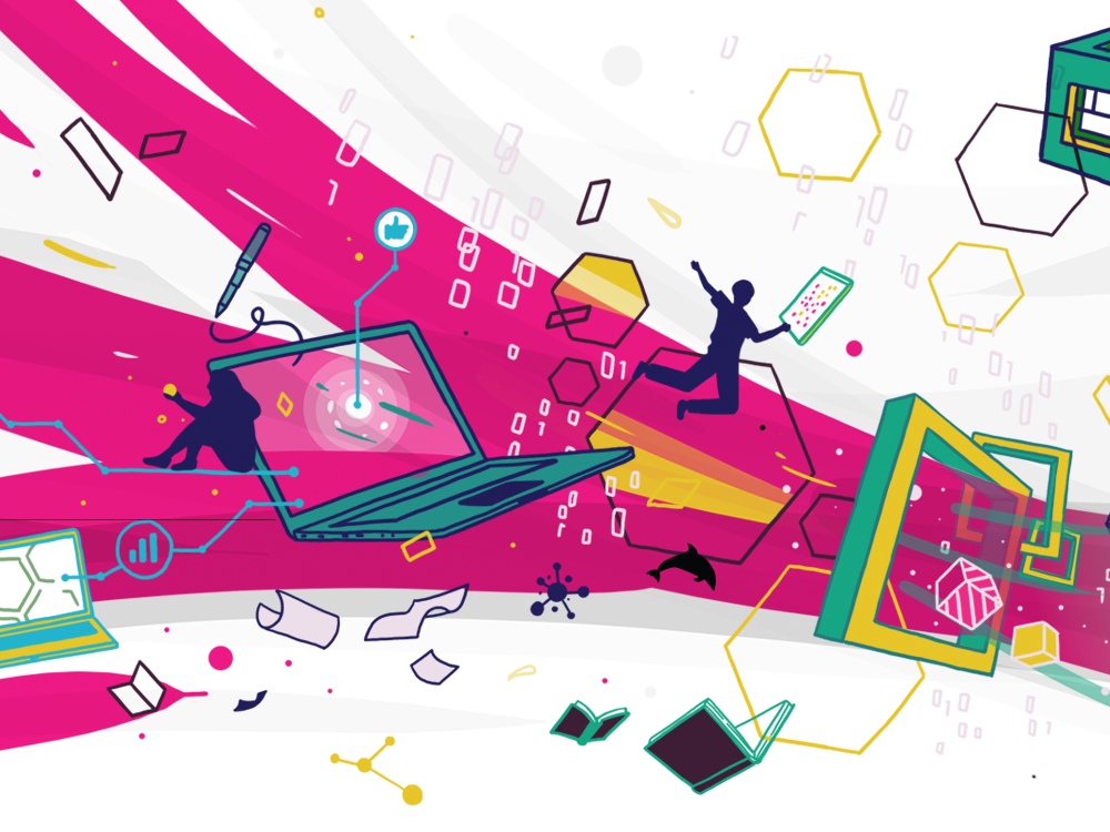 A lively illustration includes bright shades of pink, blue, green, and yellow, with a laptop, human figures, lines suggesting digital interconnectedness, and multiple cubes and other shapes, all appearing to float in space.