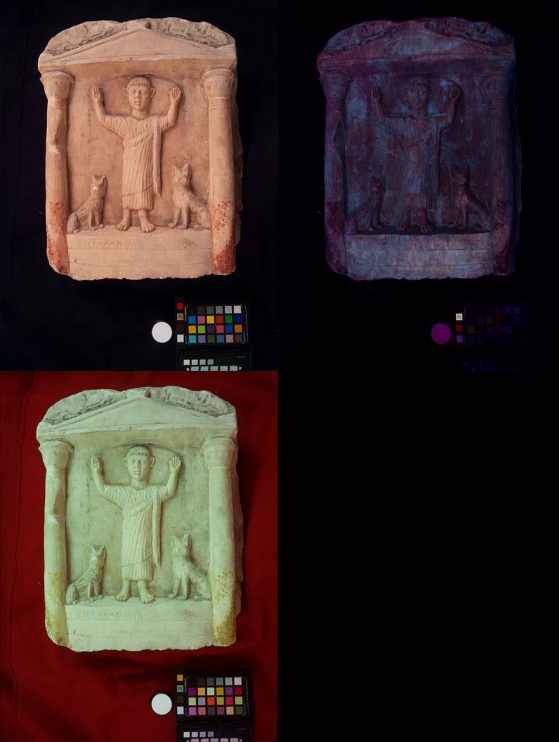 A stone grave marker showing an individual with his hands uprised, with jackals on either side of him. The artifact is presented three times in a grid, each of which shows the stela in different lighting with traces of various colors present.