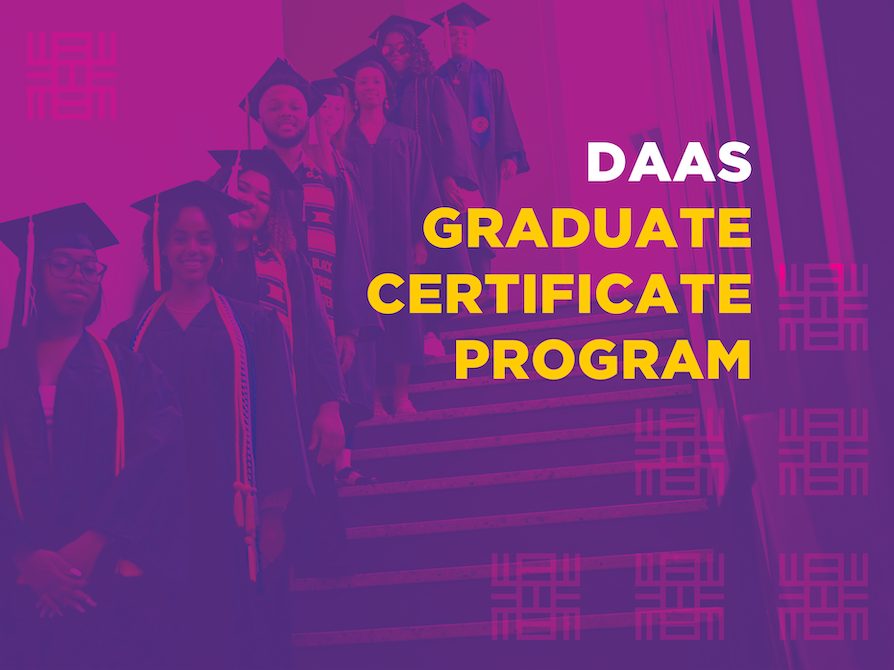 Purple graphic with graduates and text DAAS Graduate Certificate Program