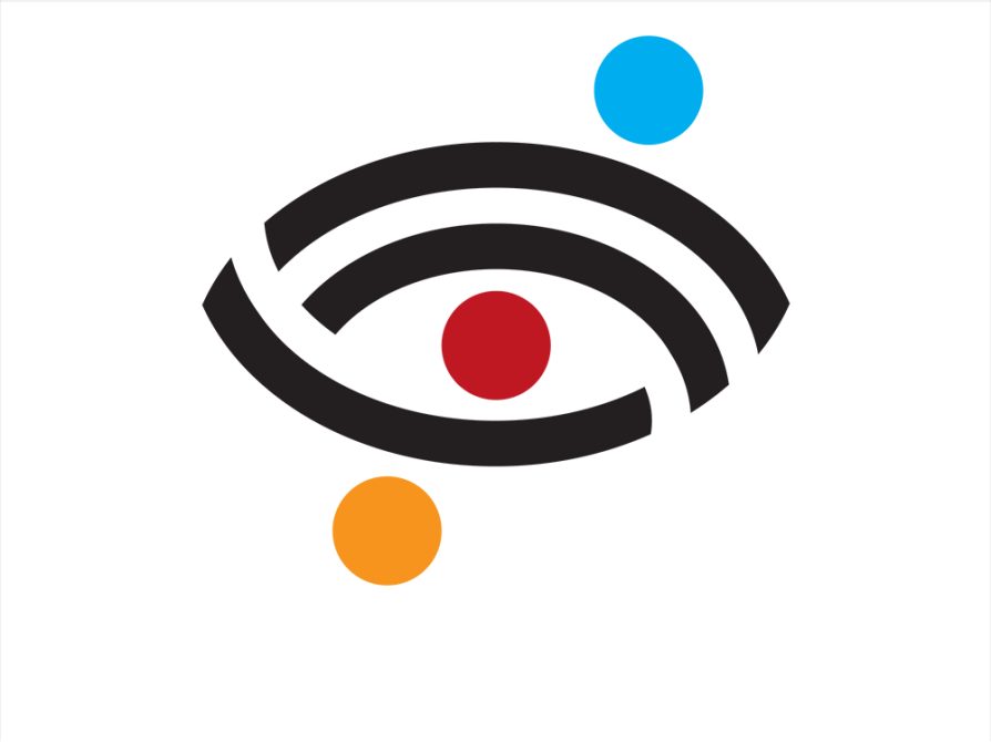 The logo for the Center for Social Solution's Diversity and Democracy Initiative, an abstract depiction of people embracing using three curved black lines and three dots that are blue, red, and orange respectively