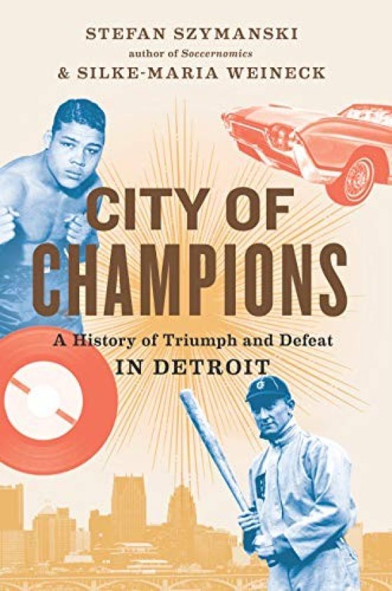 Book cover with text “City of Champions” in front of a blue shaded man and red shaded car