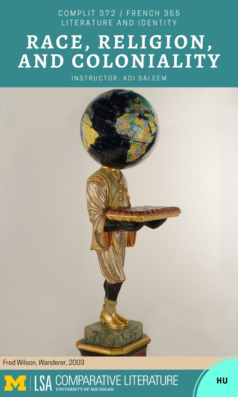 Statue of a golden body with a globe as head