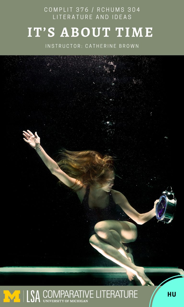 Image of woman floating under water with a clock in her hand.
