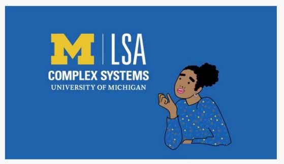 animatation - person thinking against blue background with large version of LSA Complex Systems Logo top left