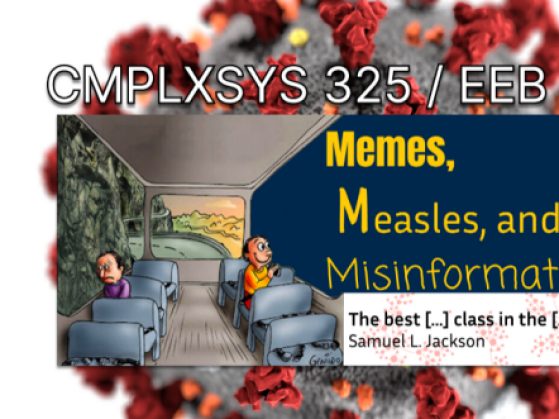 Image with measles virus illustration behind 'two men on a bus' - happy man looking at the title of the course. 