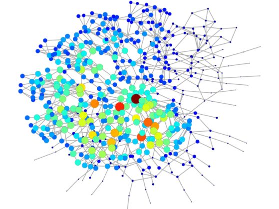 Image of a large network with various colored nodes and many edges.