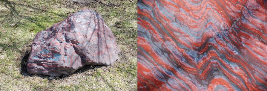 Two images side by side: left, a red and brown boulder set in a law, right, a close up showing red and brown banding in rock.