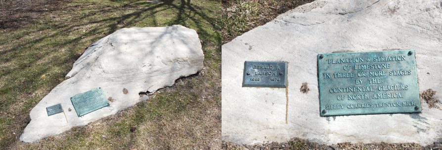 Side by side photograph; left, oblong pale rock set in law, right closeup of fine grained pale tan rock and plaque embedded in surface.