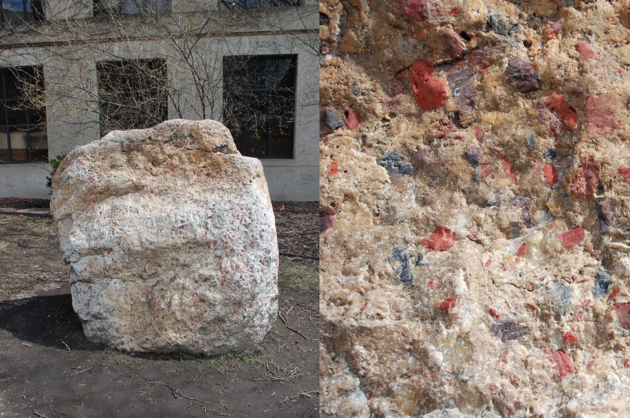 Side by side photographs: left, a large light brown and tan boulder set in lawn in front of a light colored building, left, a close up showing light tan rock surfaces speckled with small red and brown pieces.