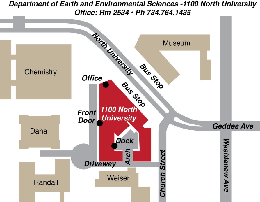 Map in brown, grey and red showing location of 1100 North University Building in relation to other UM buildings and surrounding streets, with loading dock location indicated.