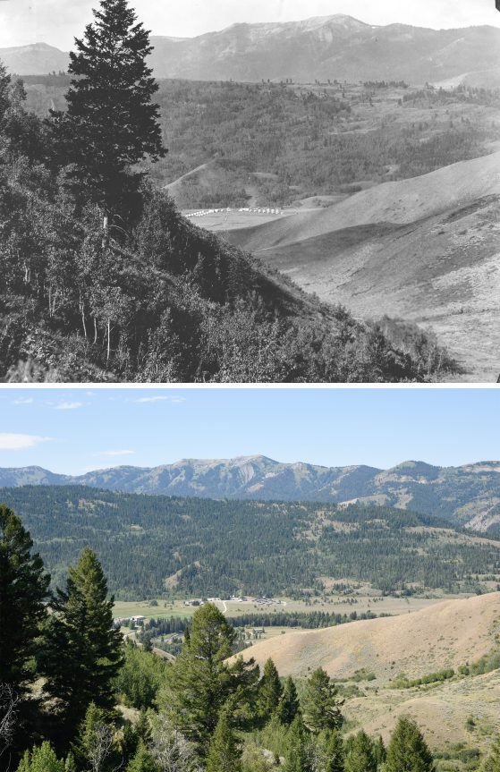 Two photographs. Top image black and white, bottom color. View from mountain side down ravine, with small group of buildings on valley floor and mountains beyond.