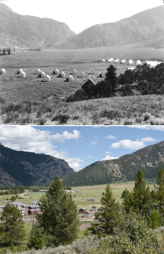 Two photographs. Top image black and white, bottom color. Cluster of cabins in middle distance with mountains in distance.
