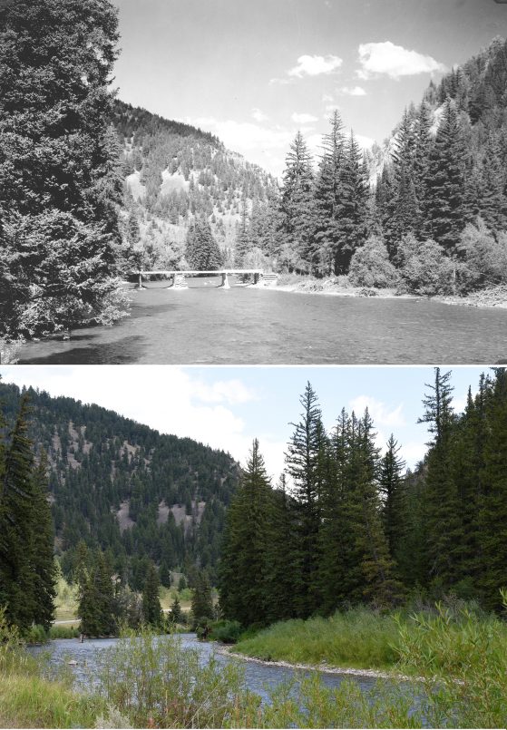 Two photographs. Top image black and white, bottom color. River with trees on banks and mountain in distance. Top image with wooden bridge crossing river.