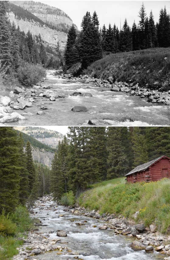 Two photographs. Top image black and white, bottom color. Looking up a boulder-filled creek to mountain in distance. Lower photo with red barn on right bank in middle distance.