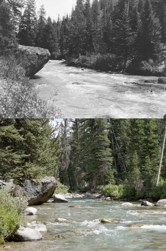 Two photographs. Top image black and white, bottom color. Looking upstream, trees on both banks, large boulder on left bank both images.