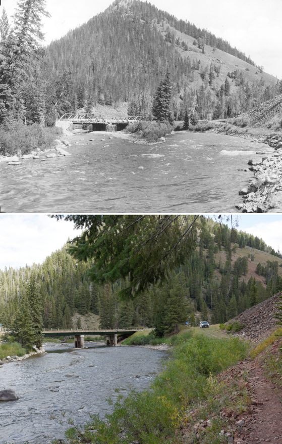 Two photographs. Top image black and white, bottom color. River in foreground with bridge, single mountain in distance.