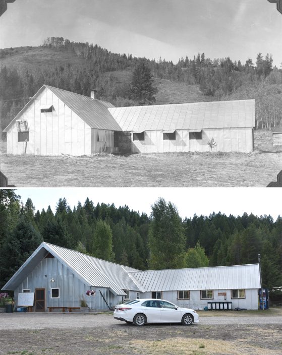 Two photographs. Top image black and white, bottom color. Metal sheathed and roofed building with two wings against forested hillside.