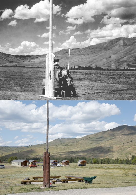 Two photographs. Top image black and white, bottom color. Flagpole base in foreground, mountains i n distance. Upper image with people surveying. Lower image with benches around fire ring and cabins in middle distance.