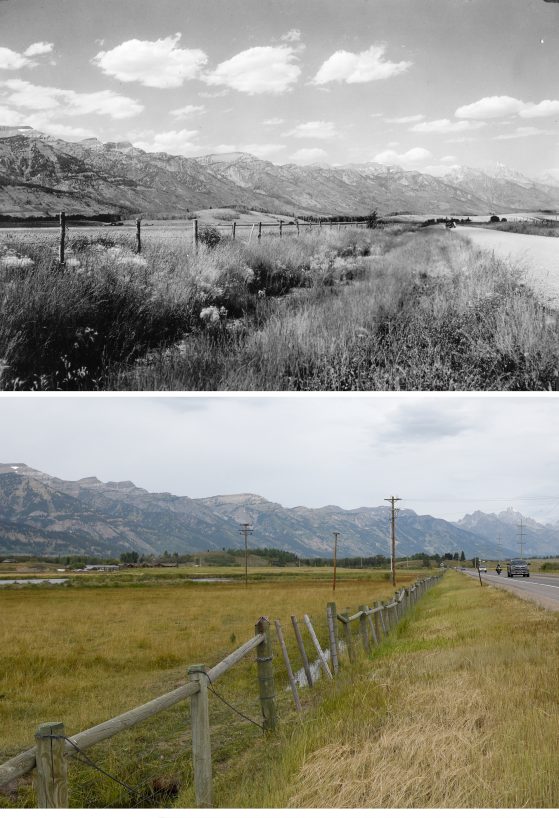 Two photographs. Top image black and white, bottom color. A road extends from the foreground to the distance, with a low fence beside it and mountains in the distance.