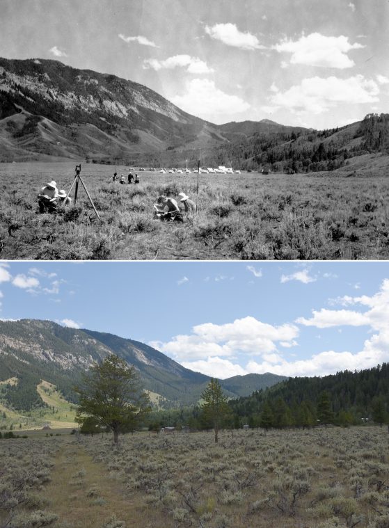 Two photographs. Top image black and white, bottom color. Sage covered valley floor with cabins in distance against mountains. Upper image with people surveying.
