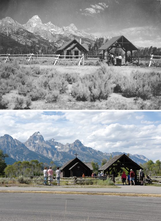 Two photographs. Top image black and white, bottom color. Small log chapel building in middle distance behind split rail fence with people, mountain range in distance.