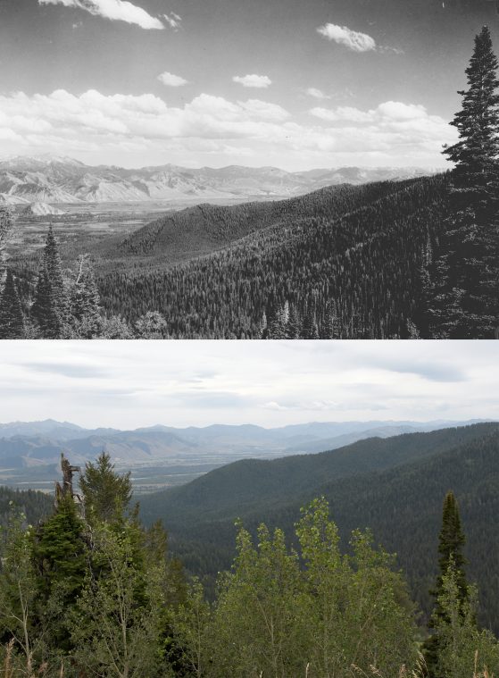 Two photographs. Top image black and white, bottom color. Looking across valley to distant mountains from Teton Pass.