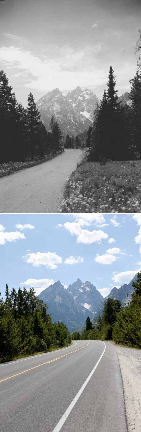 Two photographs. Top image black and white, bottom color. Road going from foreground to distance, trees both sides, Mountain peaks in distance.