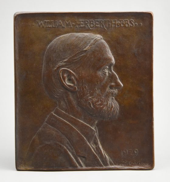 Low relief bronze plaque with portrait of William Herbert Hobbs in profile,