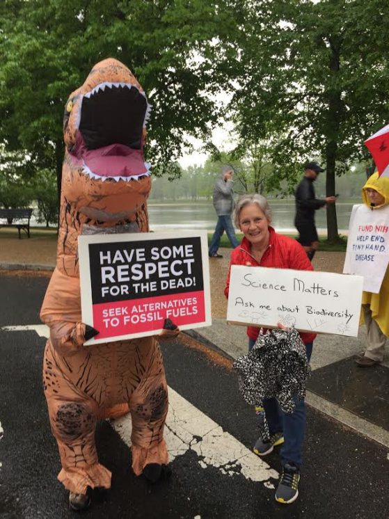 Priscilla Tucker and T-Rex at the March for Science in Washington DC 