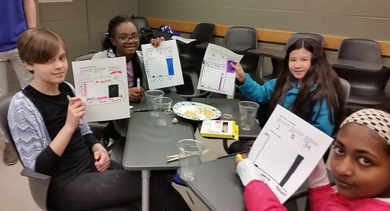 Girls display their graphs comparing eating under different conditions. 