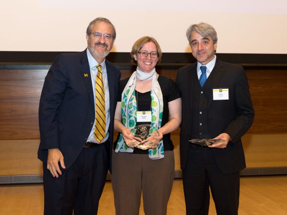 President Mark Schlissel with the recipients of the first President’s Award for Public Impact, Meghan Duffy and Arthur Lupia.