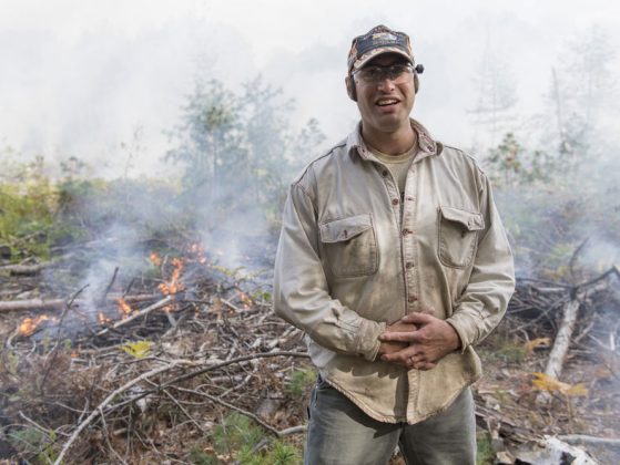 University of Michigan ecologist and biogeochemist Luke Nave during a prescribed fire at the U-M Biological Station in October 2017. 