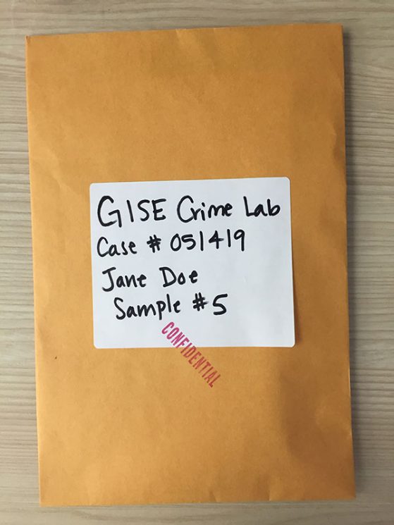 large manilla envelope stamped Confidential and labeled GISE Crime Lab with a Case number, the name Jane Doe and sample number