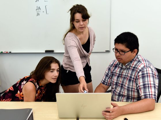 EEB graduate student Kayla Sale-Hale discusses research looking at a laptop with her advisor, Professor Fernanda Valdovinos and Daniel Maes, a graduate student instructor in mathematics.