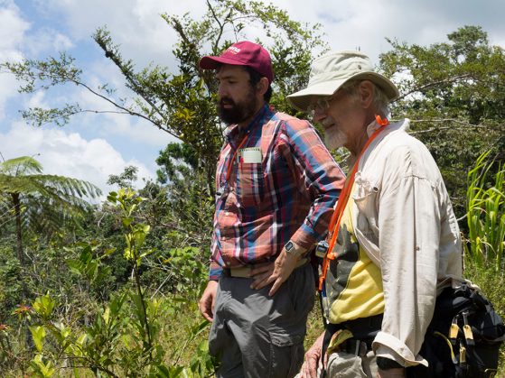 In July 2018, U-M doctoral student Zachary Hajian-Forooshani and U-M ecologist John Vandermeer survey a Puerto Rican coffee farm damaged less than a year earlier by Hurricane Maria.