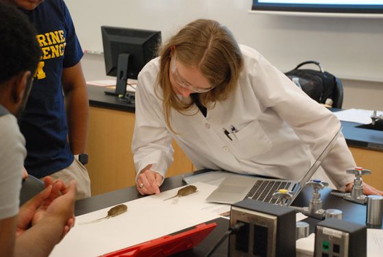 U-M lecturer Cindee Giffen confers with students on their lab project.