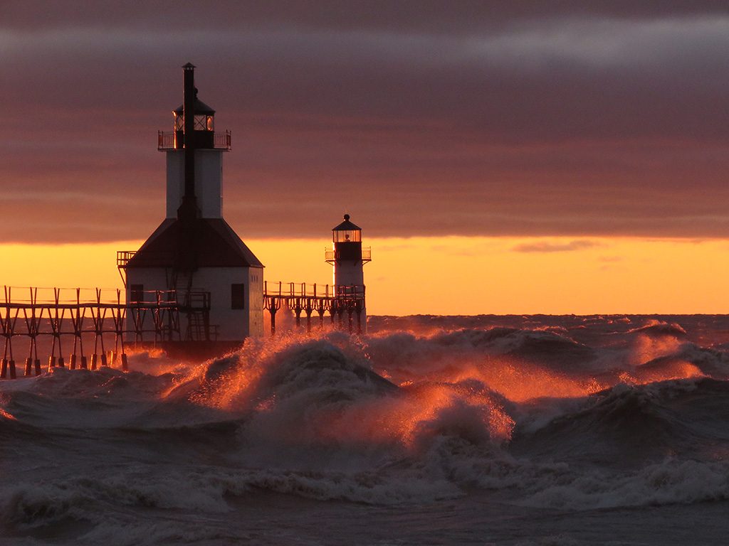 First place goes to Teresa Pegan, EEB’s new Photographer at Large for 2021- 2022 for “Waves from an Alberta clipper at sunset,” St. Joseph, Mich. Lighthouse at sunset with large waves surrounding it. 