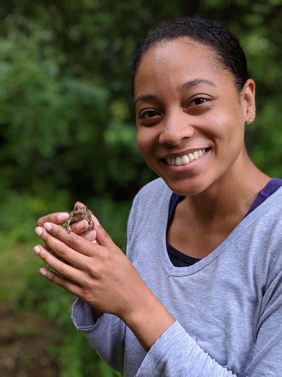 Brianna Mims found a brown American toad near the ponds at the E.S. George Reserve when it started sprinkling.