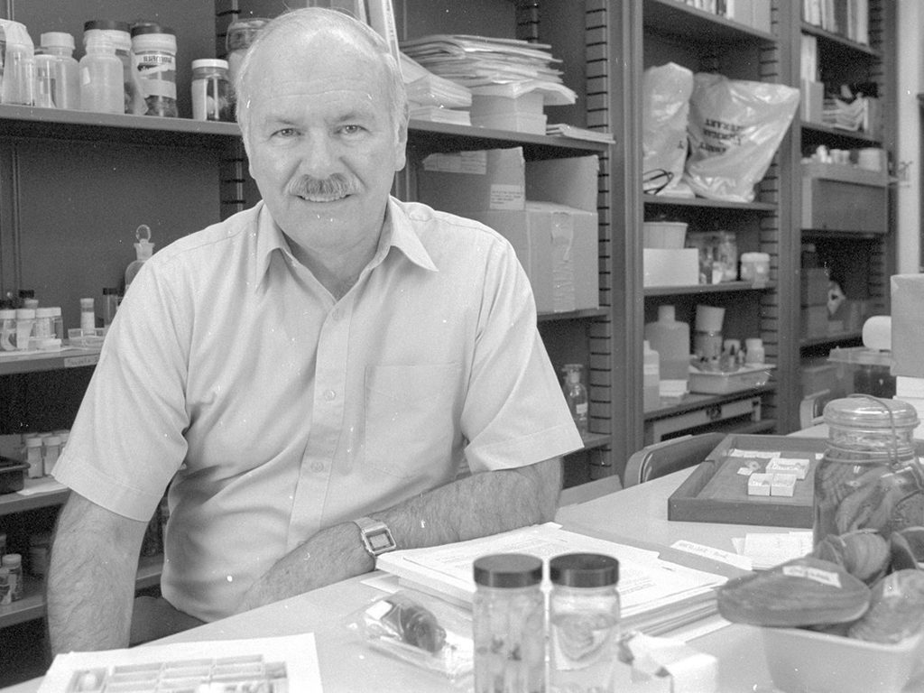 Professor and Curator John "Jack" Burch with the mollusk collections in the Museum of Zoology, Alexander G. Ruthven Building. Image: David Bay photo archive