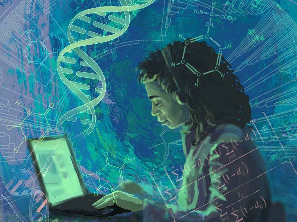 A high school student at her laptop with a blue background, DNA strands and calculations emanating from the screen. She is wearing headphones and typing on keyboard. 