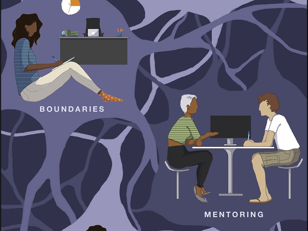 An illustration with words Boundaries and Mentoring, 2 of the 4 recommendations in the paper. A student sitting and writing with a desk and clock in the background and two people sitting at a small table talking with a laptop to their side. 