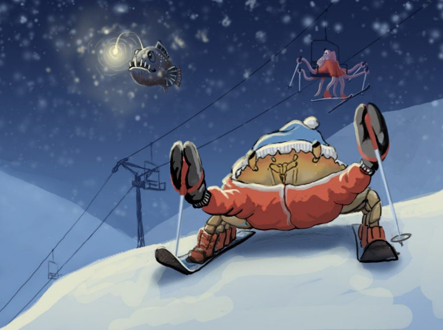 A "marine snow" scene: a crab on skis, an octopus on the chair lift and a lantern fish swimming by.