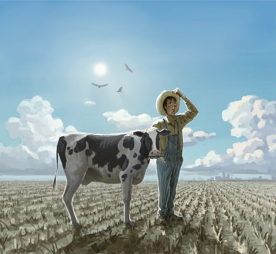A farmer in a field of failing crops next to a sad looking cow. Buzzards are circling overhead and there's a city in the distant horizon and a big blue sky with clouds and a sun.