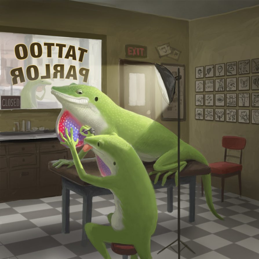 A green anole in a tattoo parlor tattooing another anole's dewlap