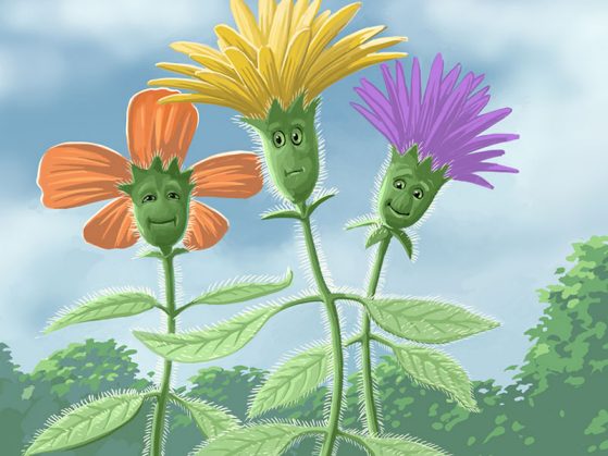 Three flowers with cartoon faces, one orange, one yellow, one purple with trichomes on their leaves and stems. Background of trees, and a partly cloudy sky.