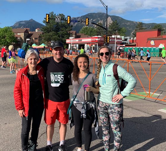 Priscilla Tucker with her son, Charles, daughter-in-law, Allie, and daughter, Kate at a footrace in Boulder Colorado.