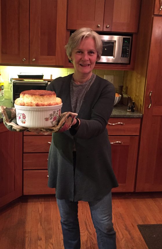Priscilla Tucker showcasing a soufflé just out of the oven!