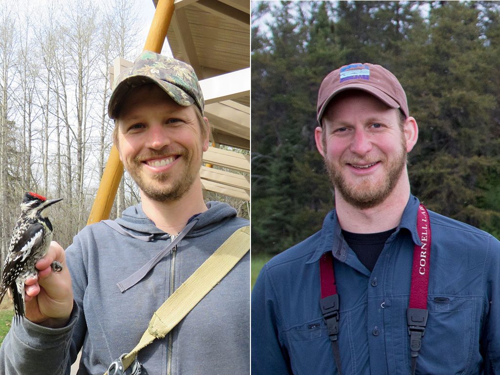 Side by side head and shoulder photos of Brian Weeks and Ben Winger. Brian is holding a woodpecker